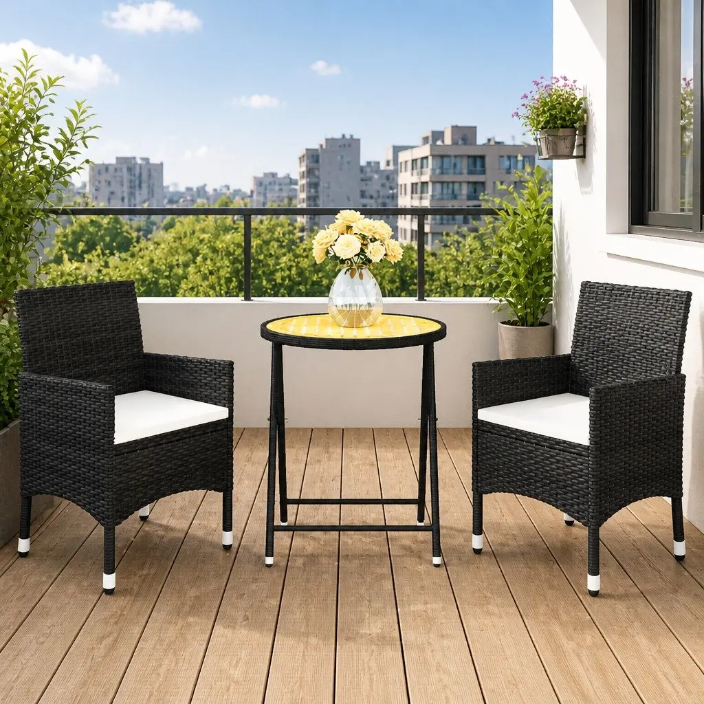 3 Piece Garden Bistro Set Outdoor Patio Furniture Rattan Chairs Table Black