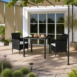 3 Piece Garden Dining Set: Black Rattan Chairs & Table