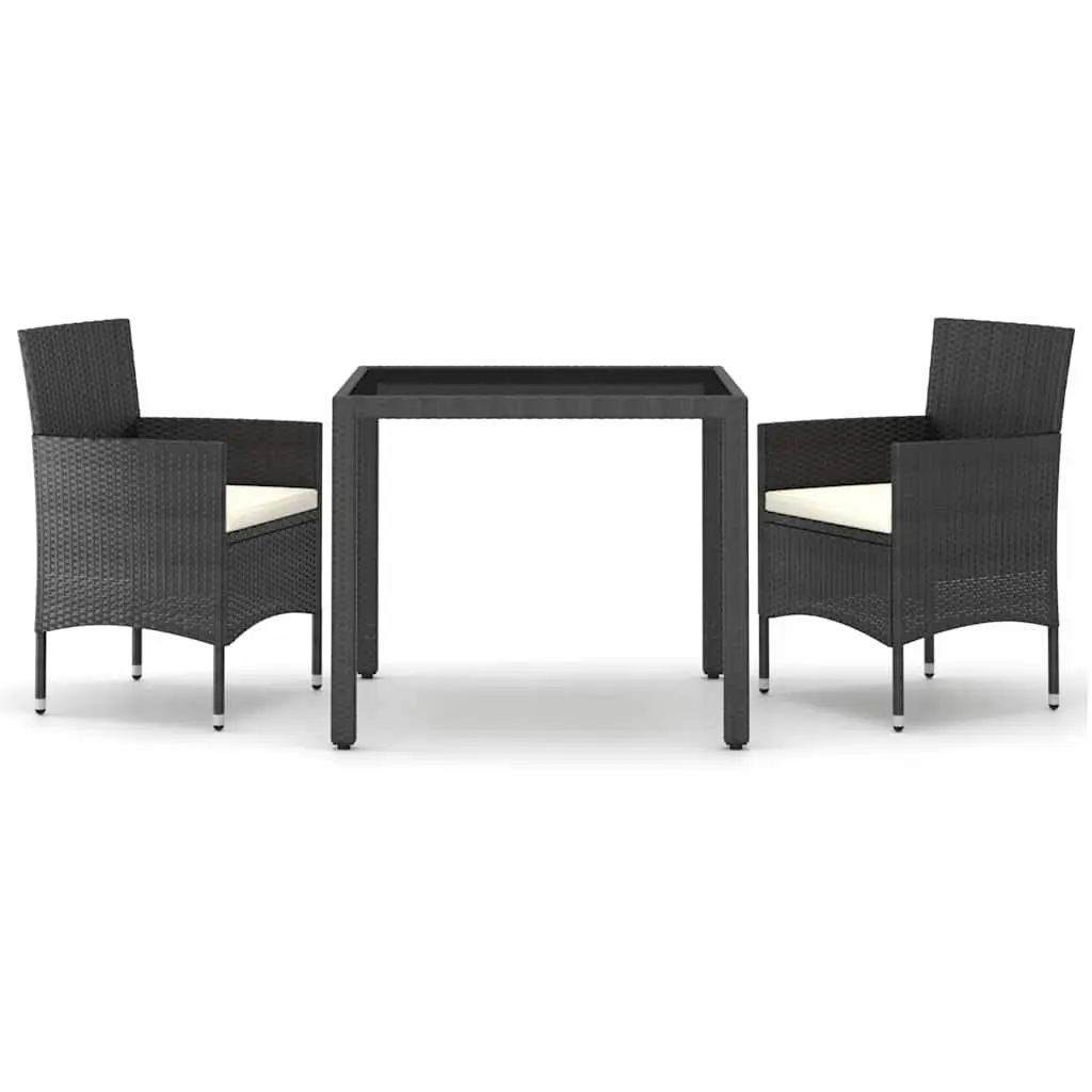 Garden Dining Set 3 Piece Outdoor Use Black Rattan Chairs Table with Tempered Glass