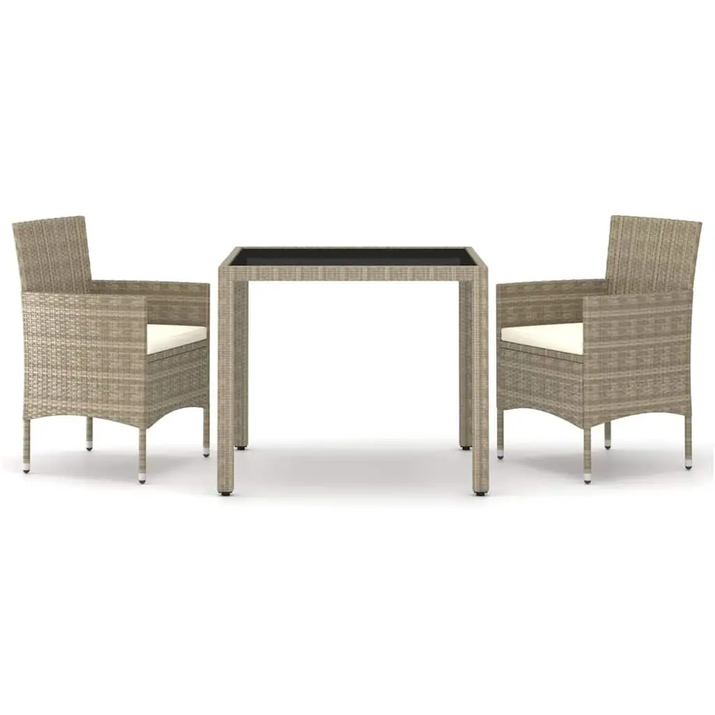 Garden Dining Set 3 Piece Outdoor Furniture Poly Rattan Tempered Glass Beige