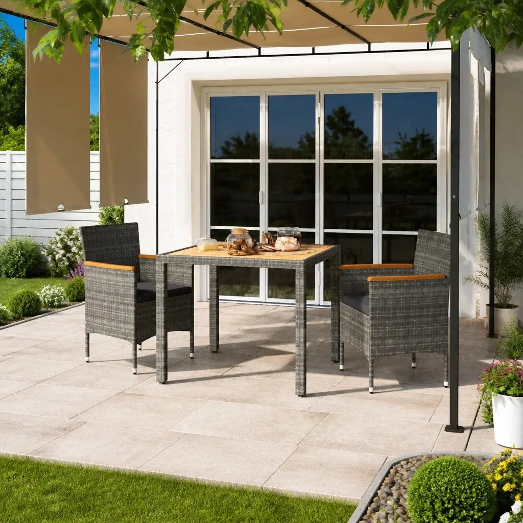 Garden Dining Set Outdoor Use 3 Piece Grey Rattan Wood Table Chairs