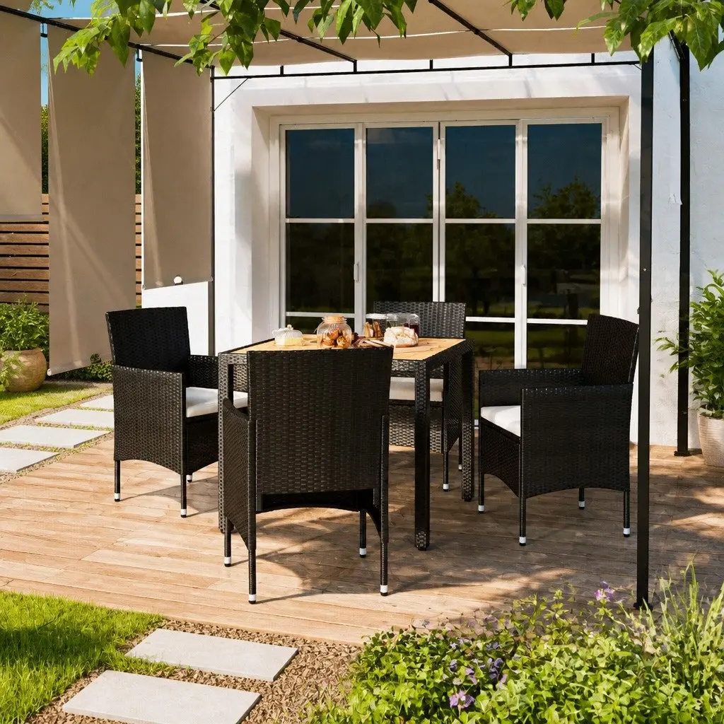5 Piece Garden Dining Set Outdoor Table Chairs PE Rattan Steel Frame Acacia Top