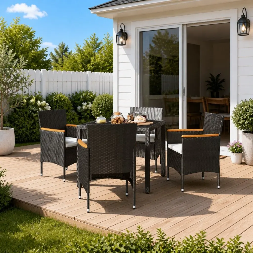 Garden Dining Set Outdoor Furniture 5 Piece Black Rattan Chairs Table Glass Top