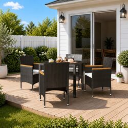 5 Piece Garden Dining Set: Black Rattan, Glass Top