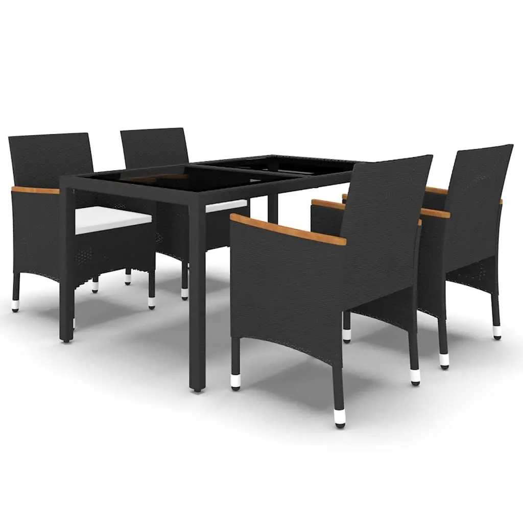 5 Piece Outdoor Garden Dining Set Poly Rattan Tempered Glass Table Chairs Black