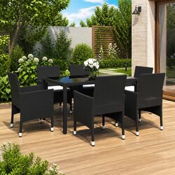 7-Piece Outdoor Dining Set: Black PE Rattan and Glass Top