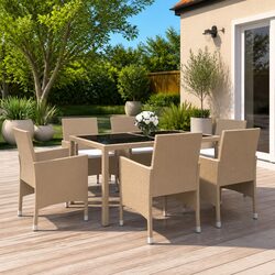 7 Piece Garden Dining Set Outdoor Furniture Poly Rattan Tempered Glass Patio