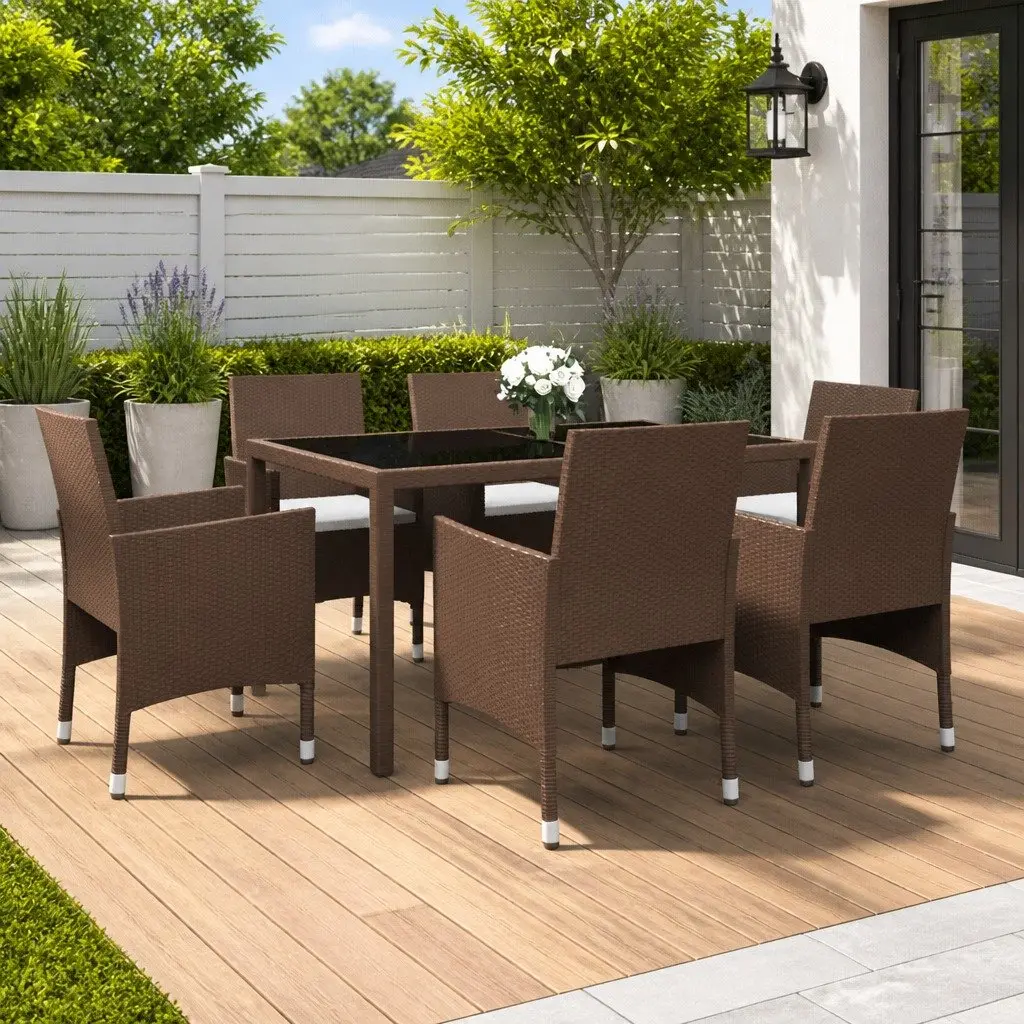 7 Piece Garden Dining Set PE Rattan Tempered Glass Table Patio Outdoor Furniture