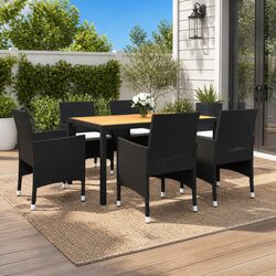 7 Piece Garden Dining Set: Black Rattan & Acacia Wood