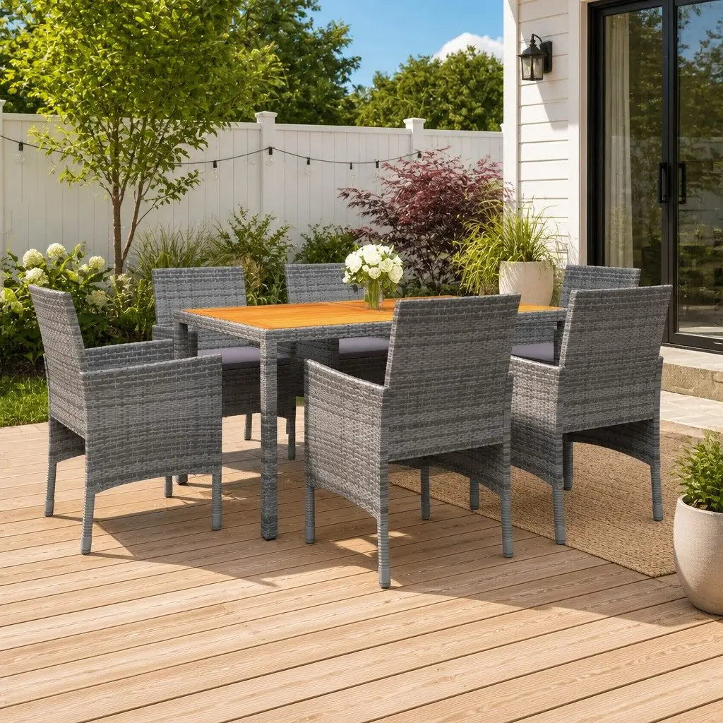 Garden Dining Set 7 Piece Outdoor Patio Furniture Grey Rattan Table and Chairs