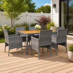 7 Piece Garden Dining Set: Grey Rattan & Acacia Wood