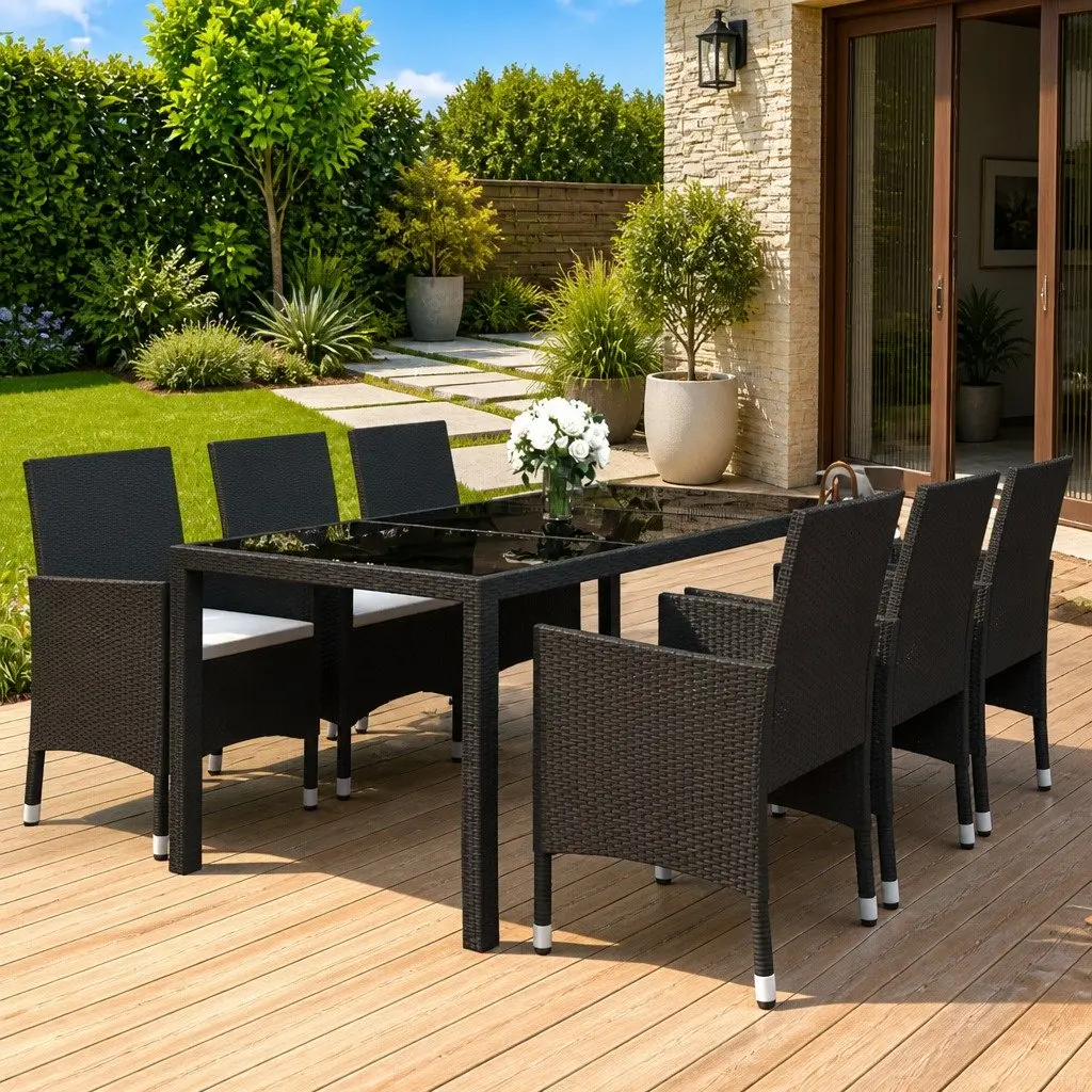7 Piece Garden Dining Set Patio Black Poly Rattan Tempered Glass Table Chairs