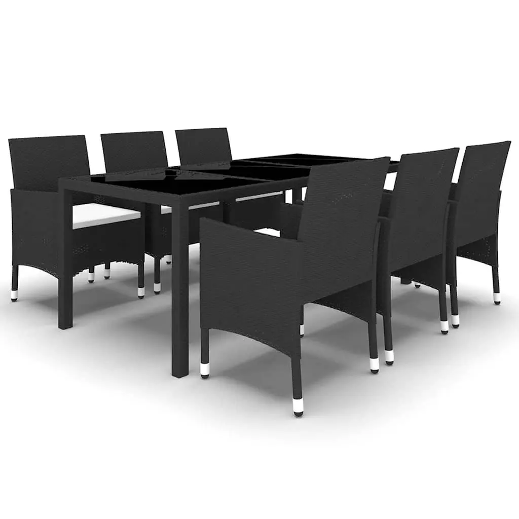 7 Piece Garden Dining Set Patio Black Poly Rattan Tempered Glass Table Chairs