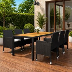 7 Piece Garden Dining Set - Black Rattan, Acacia Wood