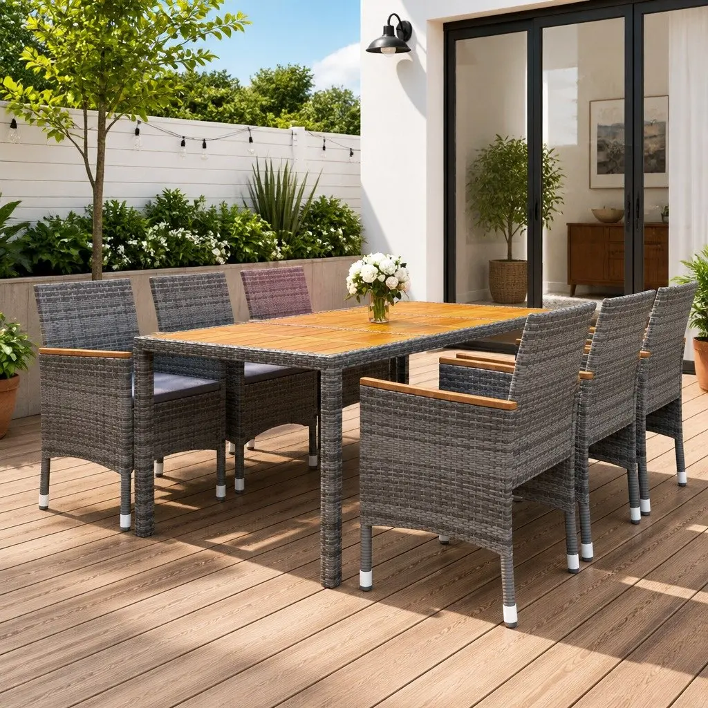 7 Piece Outdoor Dining Set Patio Garden Table Chairs Grey PE Rattan