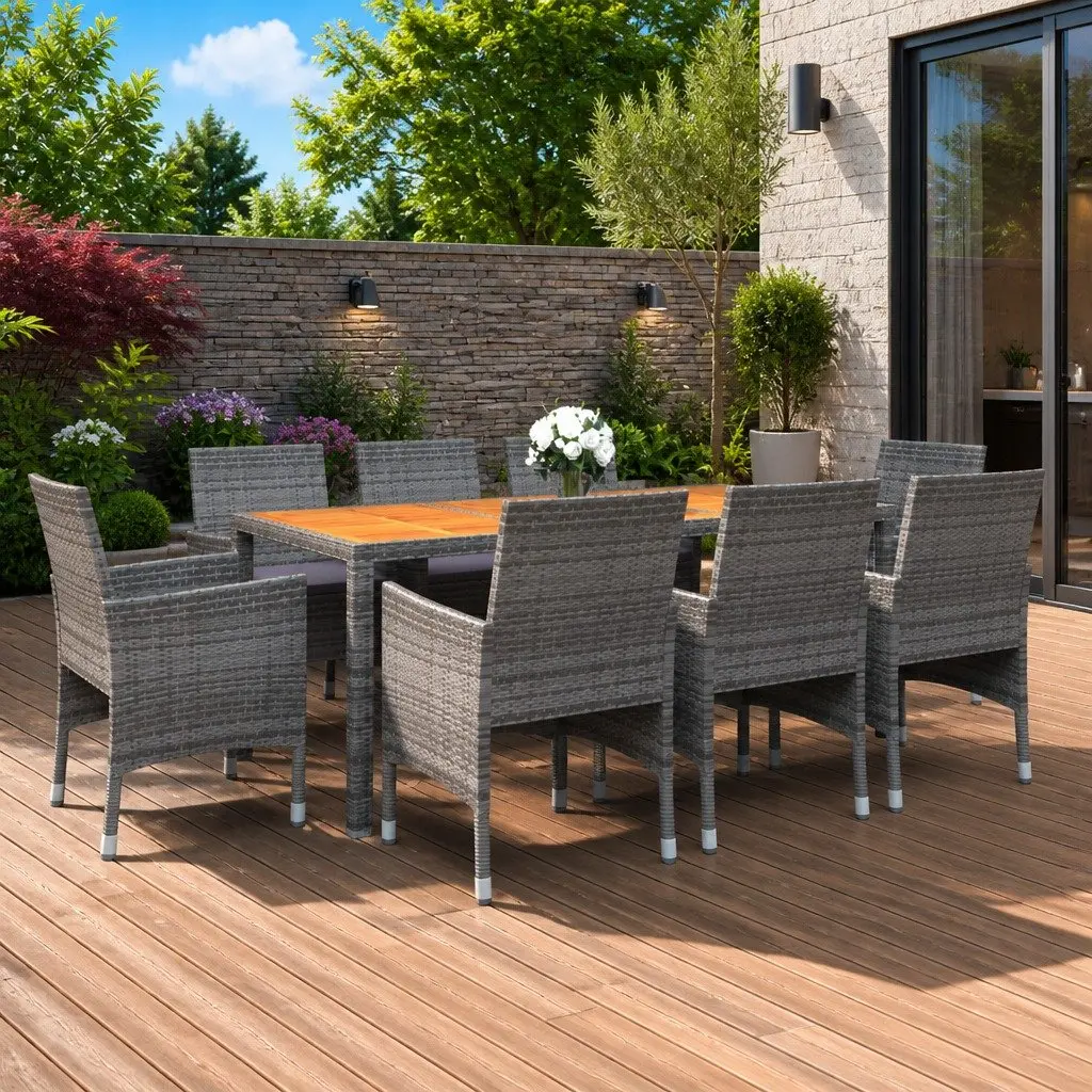 Outdoor Dining Set 9 Piece Grey PE Rattan Table and Cushioned Chairs for Patio and Garden
