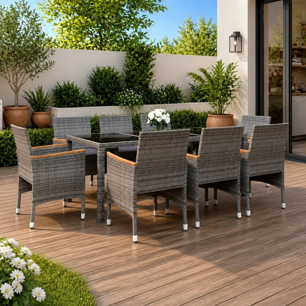 9 Piece Garden Dining Set Outdoor Patio Furniture Grey Poly Rattan with Tempered Glass
