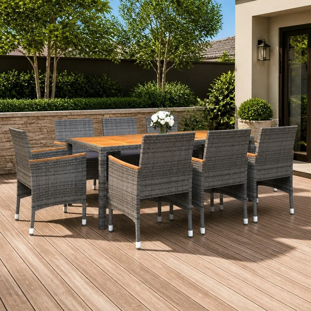 Outdoor Furniture Set 9 Piece Grey Rattan Cushioned Dining Chairs Acacia Wood Table Steel Frame