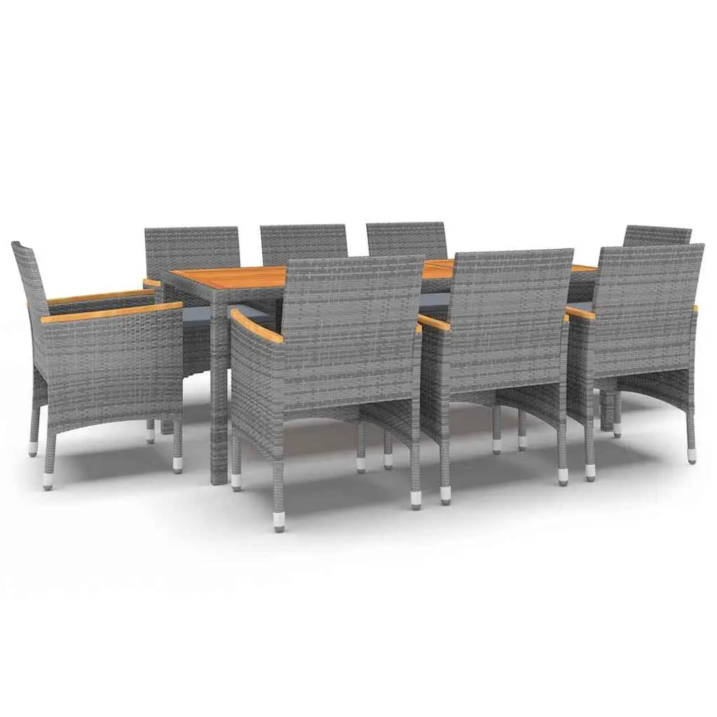Outdoor Furniture Set 9 Piece Grey Rattan Cushioned Dining Chairs Acacia Wood Table Steel Frame