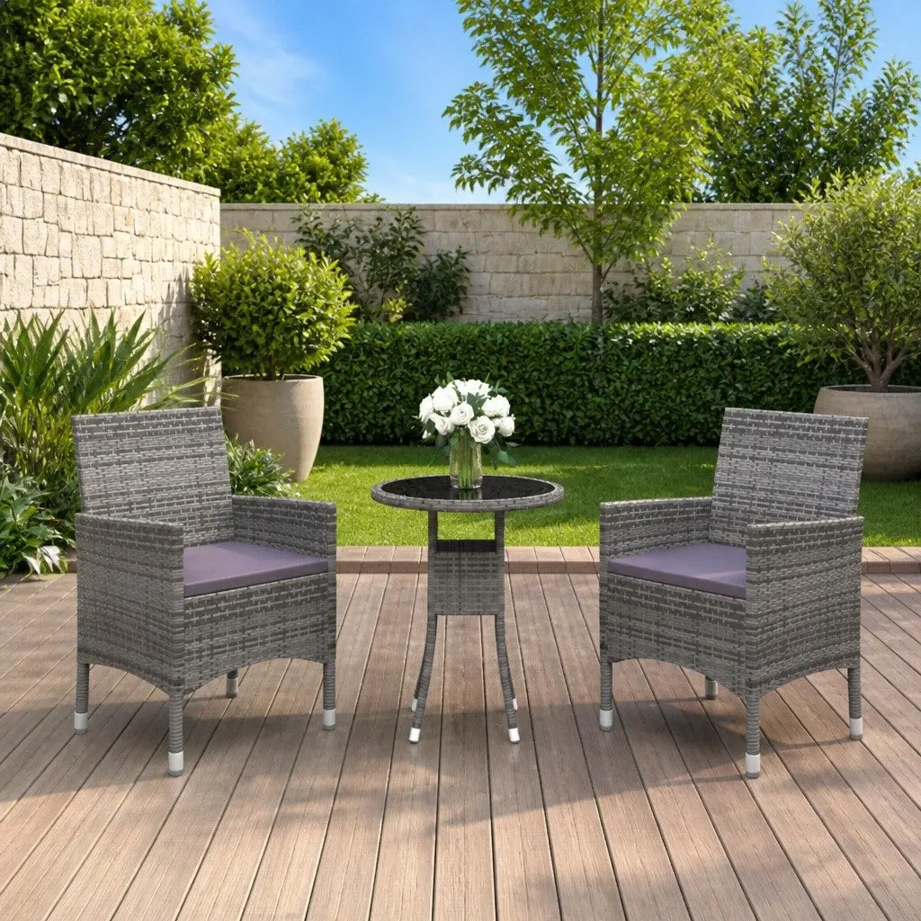 Garden Dining Set 3 Piece Patio Furniture Grey PE Rattan Table with Cushions and Ergonomic Chairs