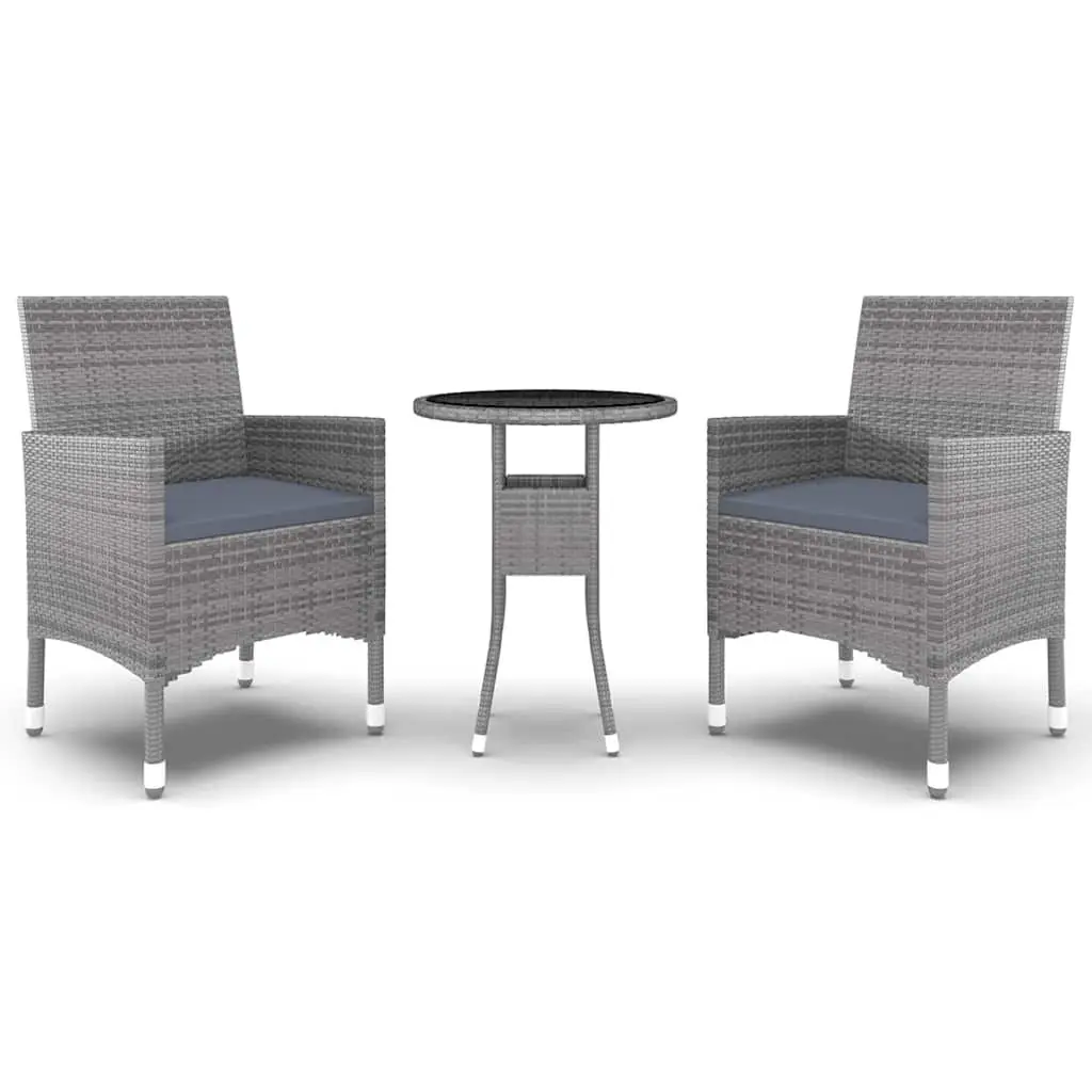 Garden Dining Set 3 Piece Patio Furniture Grey PE Rattan Table with Cushions and Ergonomic Chairs