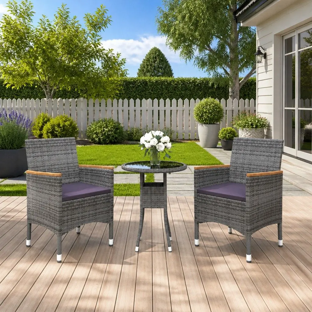 Garden Dining Set Outdoor Patio Furniture 3 Piece Grey Rattan