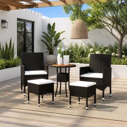 5 Piece Garden Lounge Set: Black Rattan & Acacia Wood