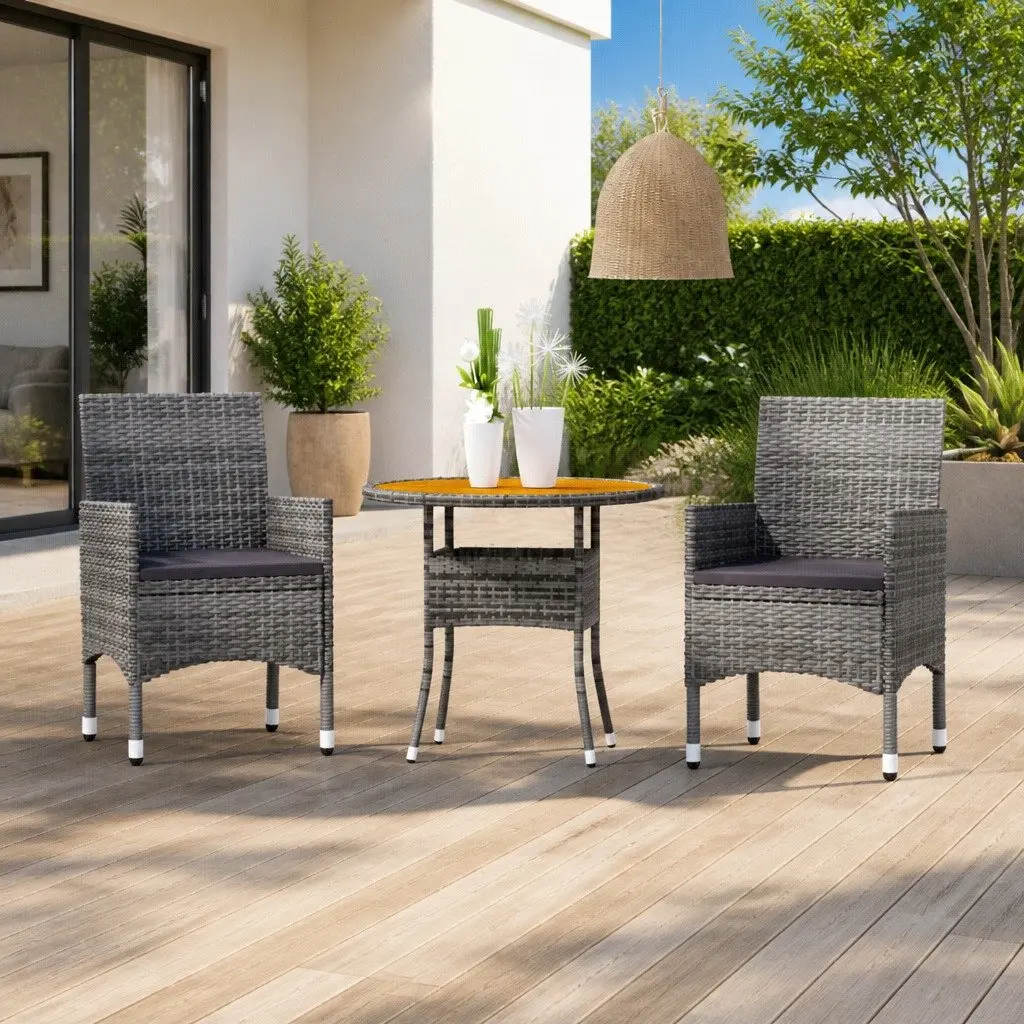 Garden Dining Set 3 Piece Outdoor Furniture Patio Garden Grey Poly Rattan Steel Frame Acacia Wood