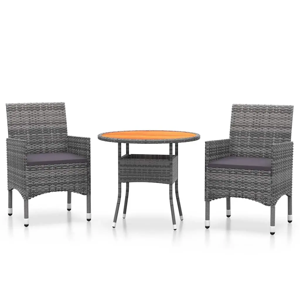 Garden Dining Set 3 Piece Outdoor Furniture Patio Garden Grey Poly Rattan Steel Frame Acacia Wood