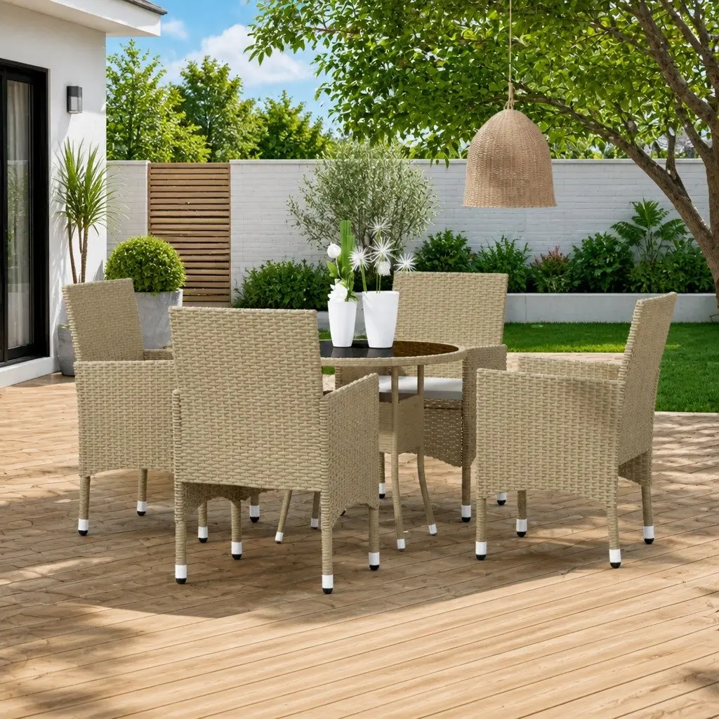 Garden Dining Set Outdoor Use 5 Piece Beige Poly Rattan Table Chairs