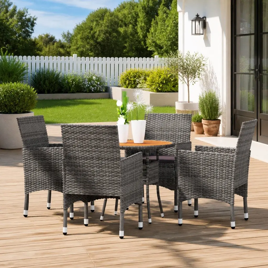 Outdoor Dining Set 5 Piece Garden Patio Furniture Grey Poly Rattan with Acacia Wood Table and Cushioned Chairs