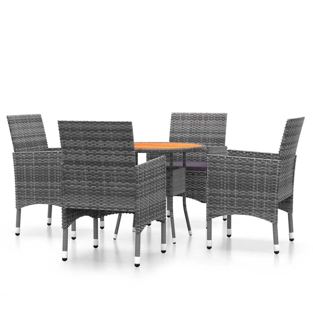 Outdoor Dining Set 5 Piece Garden Patio Furniture Grey Poly Rattan with Acacia Wood Table and Cushioned Chairs