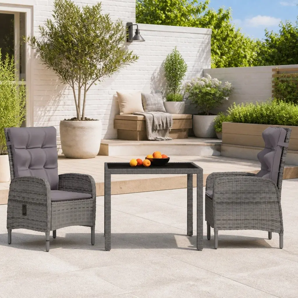 3 Piece Grey Rattan Outdoor Dining Set with Glass Table