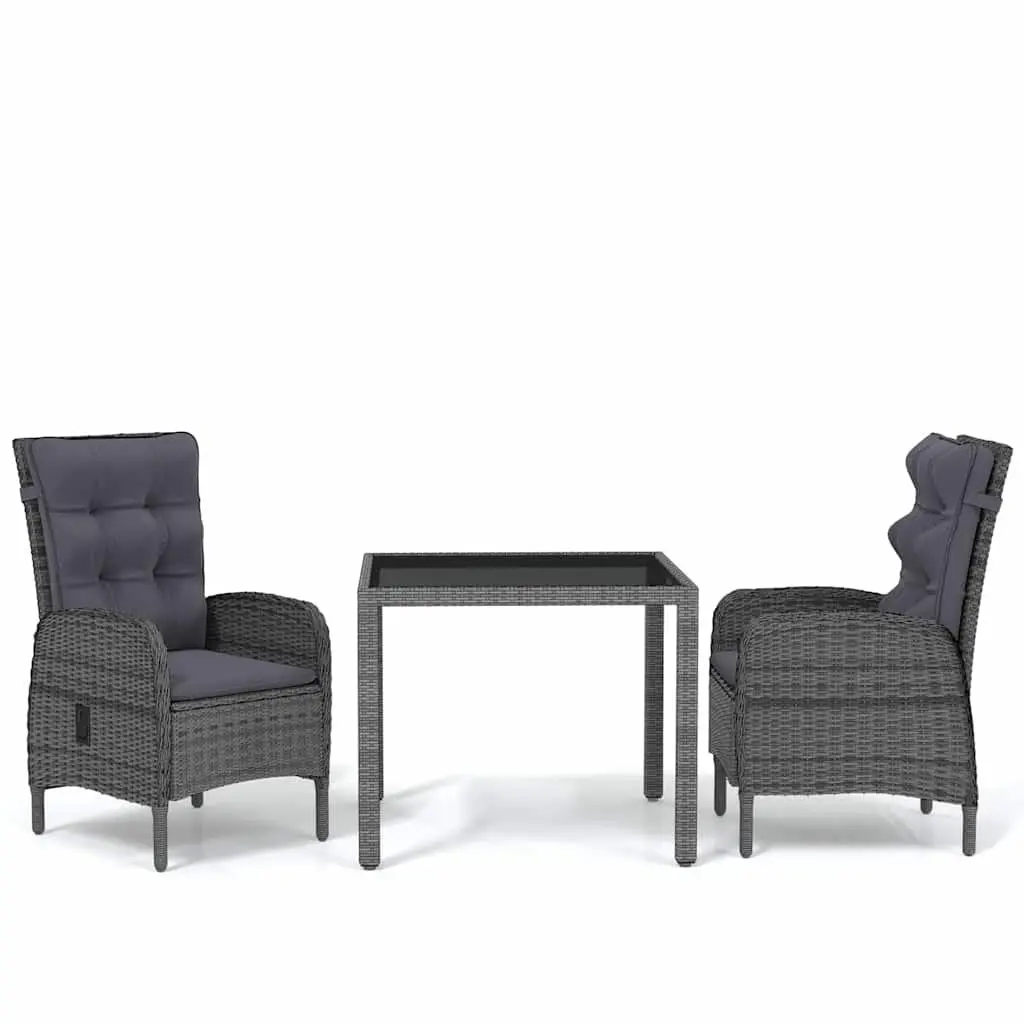 3 Piece Grey Rattan Outdoor Dining Set with Glass Table