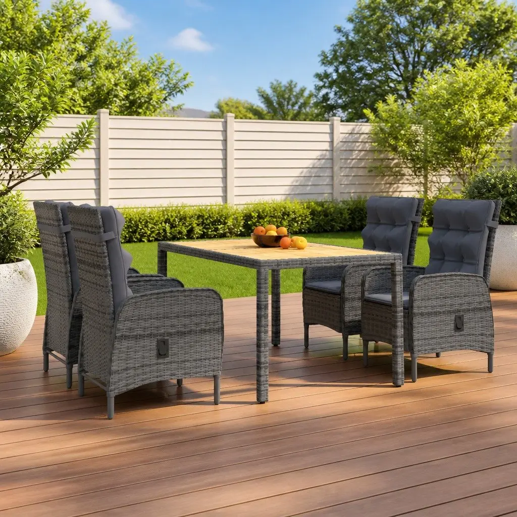 5 Piece Garden Dining Set Outdoor Patio Furniture Grey Poly Rattan Steel Frame