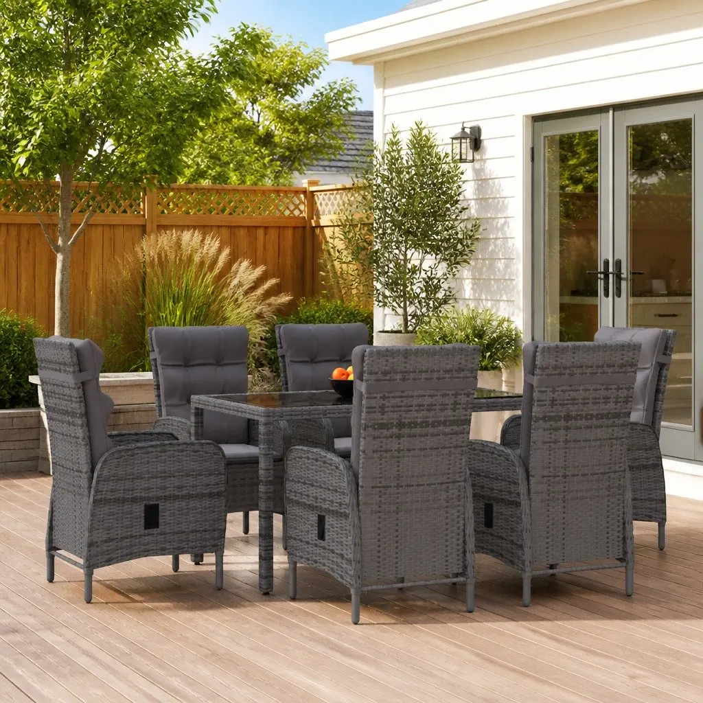7 Piece Garden Dining Set Outdoor Use Grey Steel Frame PE Rattan Glass Table