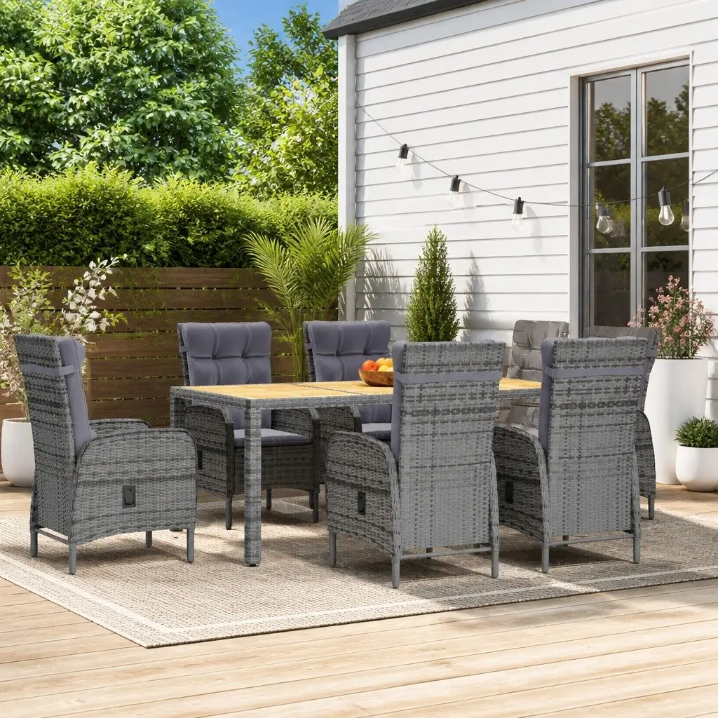 Garden Dining Set 7 Piece Outdoor Furniture Grey Patio Dining Set with Steel Frame and PE Rattan Chairs