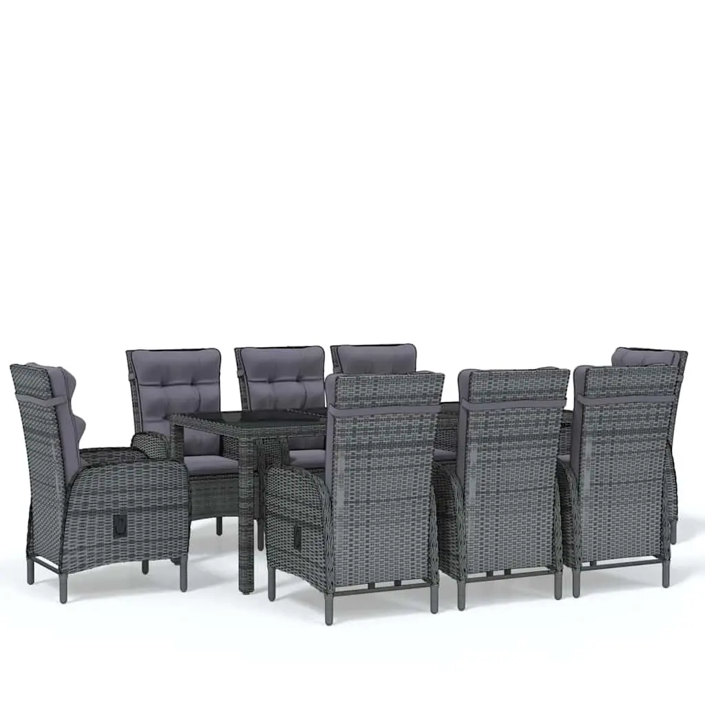 9 Piece Garden Dining Set Outdoor Patio Grey Reclining Chairs Glass Table