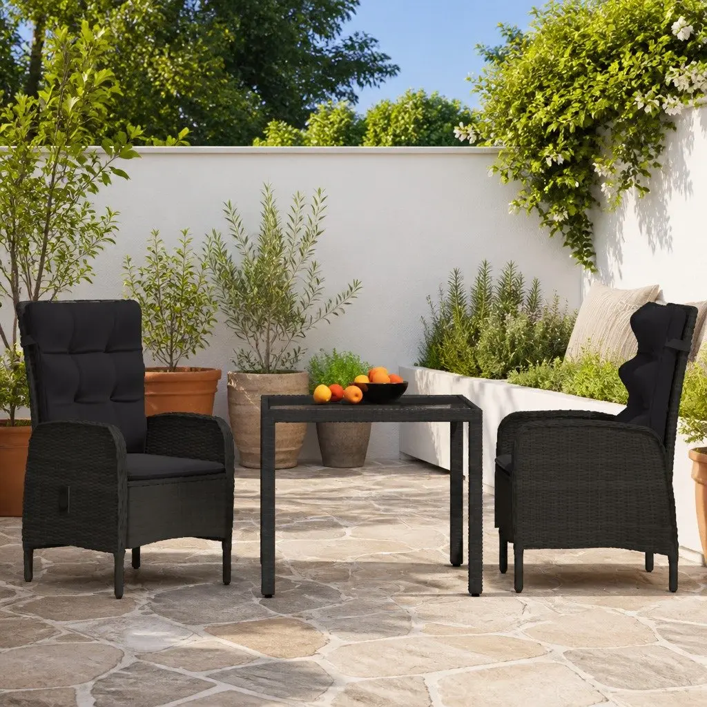Garden Dining Set 3 Piece Outdoor Use Black Poly Rattan Table Chairs