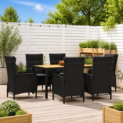 7 Piece Garden Dining Set - Steel Frame, Rattan, Acacia Wood