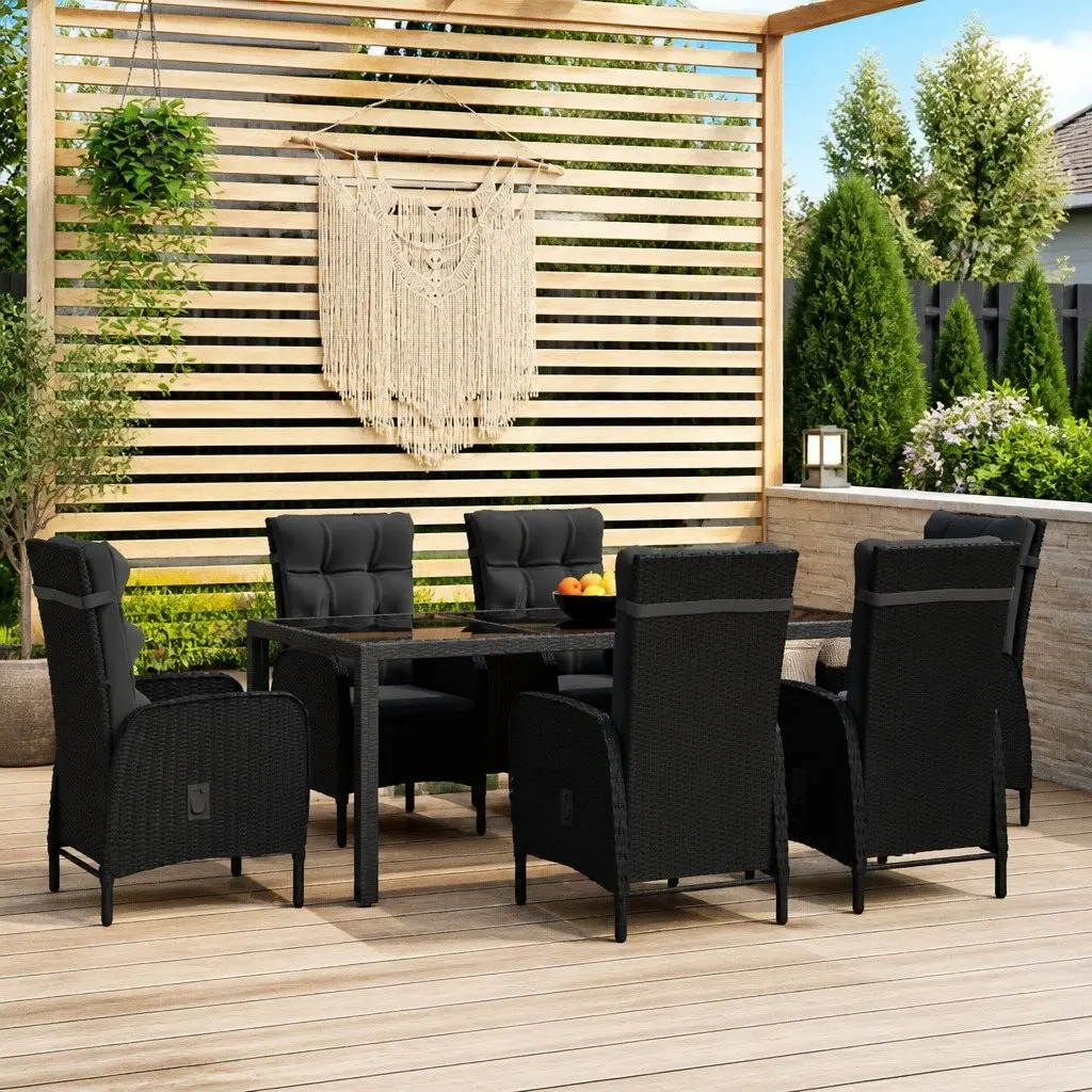 7 Piece Garden Dining Set Outdoor Use Black PE Rattan Patio Table Chairs