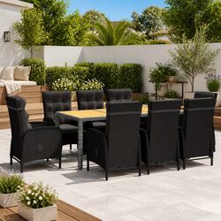 9 Piece Garden Dining Set: Steel Frame, Rattan & Wood