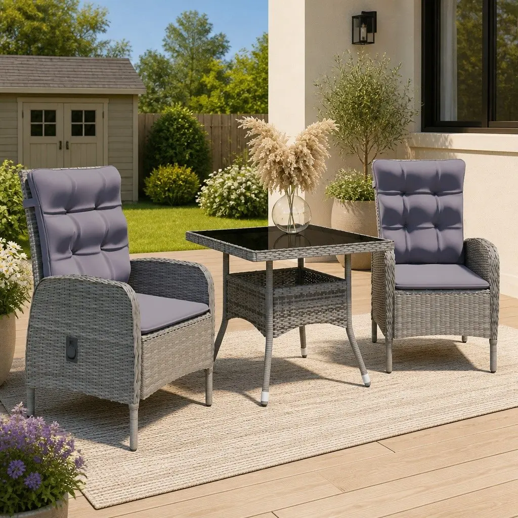 Outdoor Dining Set 3 Piece Garden Furniture Grey Weather Resistant Poly Rattan with Glass Table and Cushioned Armchairs