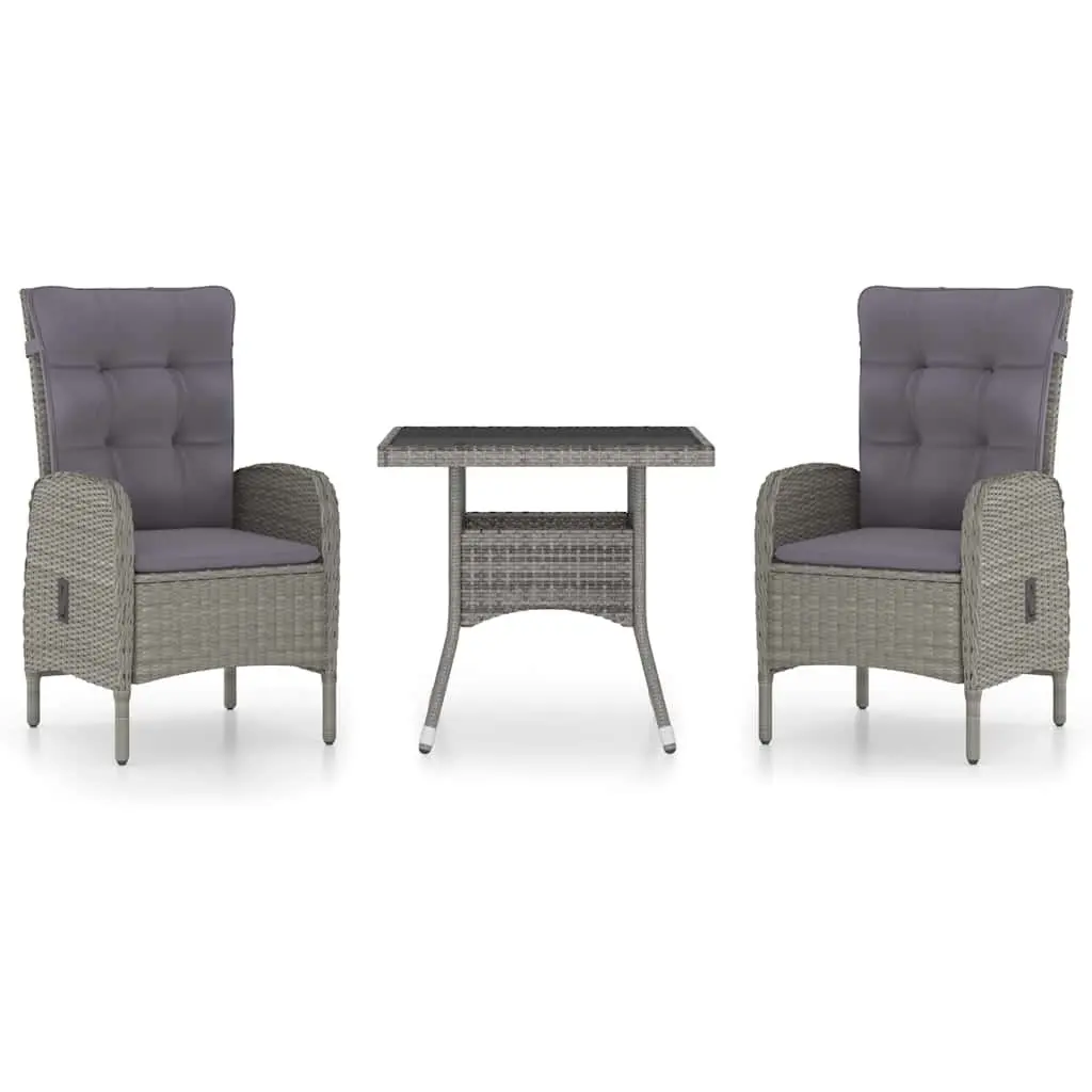 Outdoor Dining Set 3 Piece Garden Furniture Grey Weather Resistant Poly Rattan with Glass Table and Cushioned Armchairs