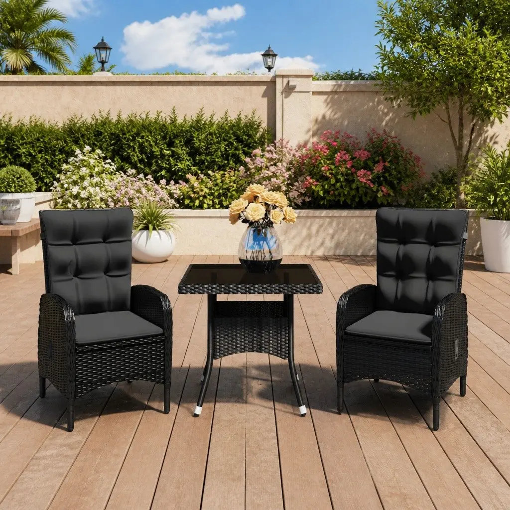 Garden Furniture Set 3 Piece Outdoor Dining Black Poly Rattan Chairs with Glass Table