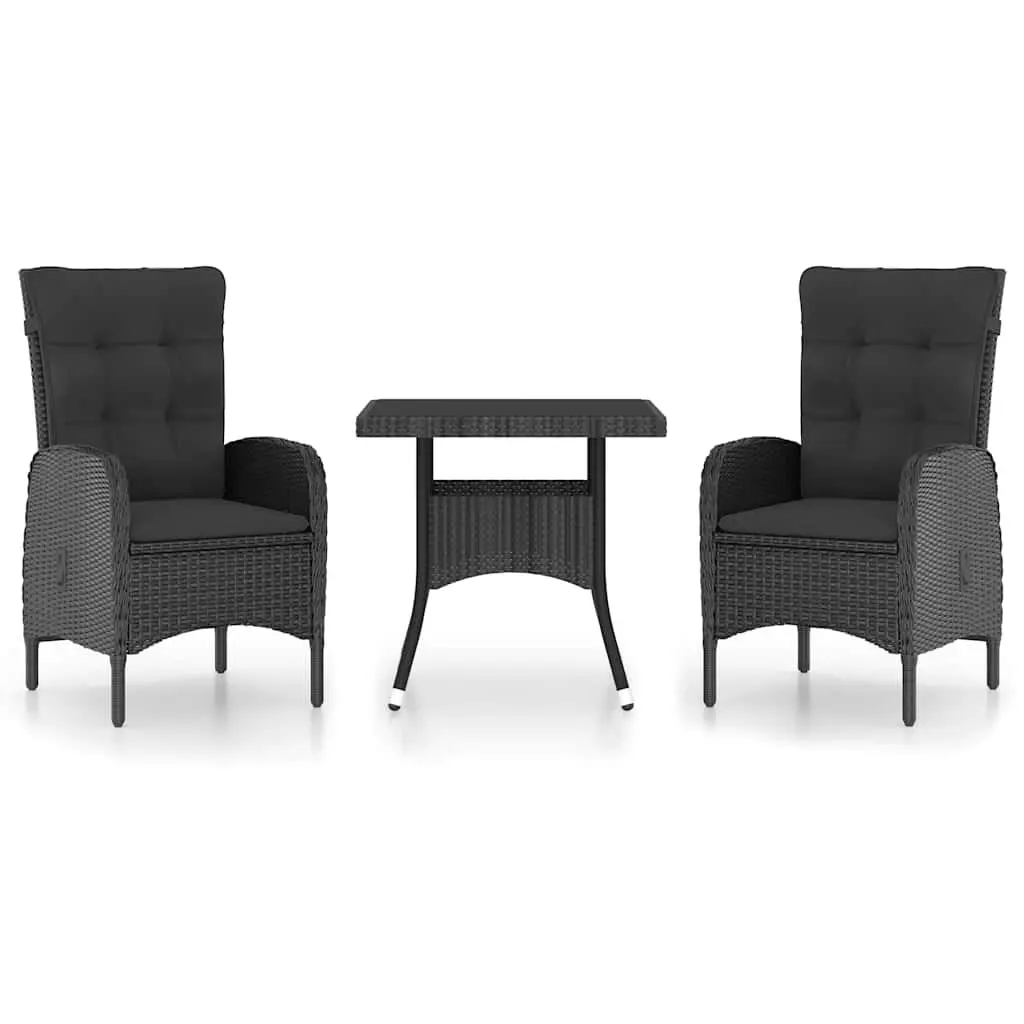 Garden Furniture Set 3 Piece Outdoor Dining Black Poly Rattan Chairs with Glass Table