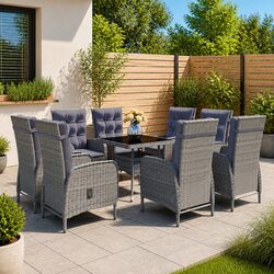 9 Piece Garden Dining Set: Steel Frames & Glass Table