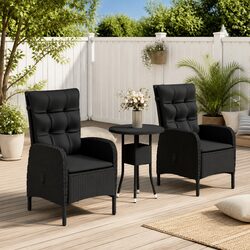 3 Piece Outdoor Bistro Set: Black Rattan Chairs & Table