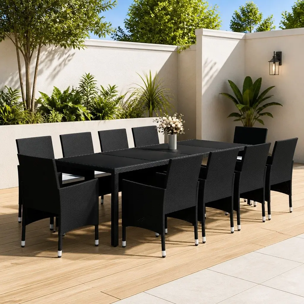 11 Piece Patio Dining Set Outdoor Garden Furniture with Cushions Black Steel PE Rattan