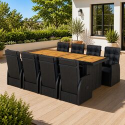 9 Piece Outdoor Dining Set - Black Poly Rattan & Acacia Wood